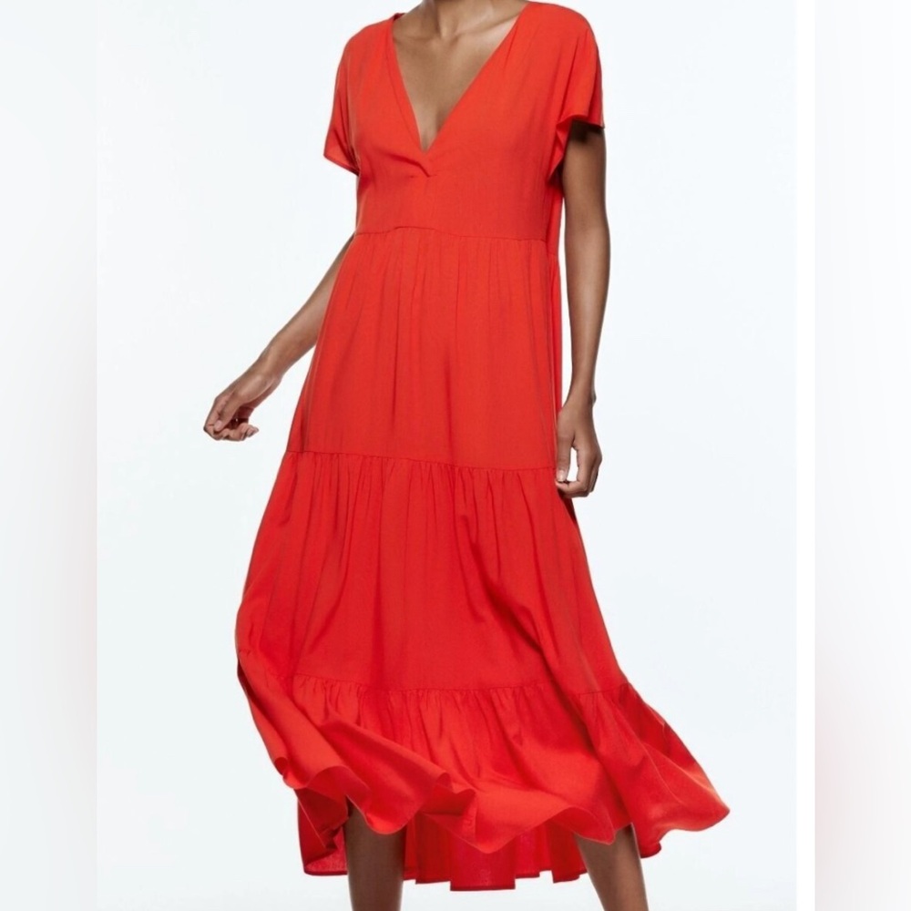 Zara Tiered Midi Dress Short Sleeve V-neck Wrap Flounced Hem Red/ Orange‎ XS
